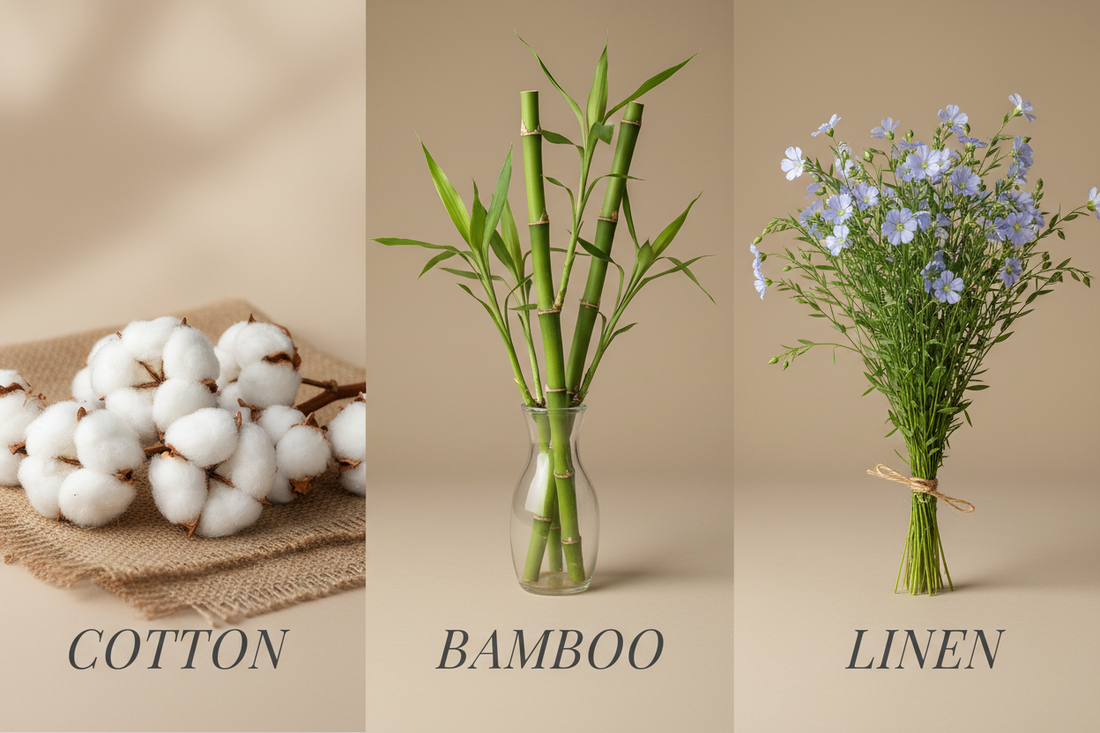 Three pictures of Raw Cotton, bamboo, linen