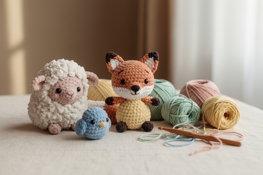 Handmade amigurumi animals crocheted with Egyptian cotton yarn in cream and pastel colors
