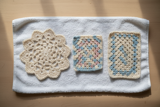 Handmade cotton yarn crochet items laid flat to dry on a clean white towel