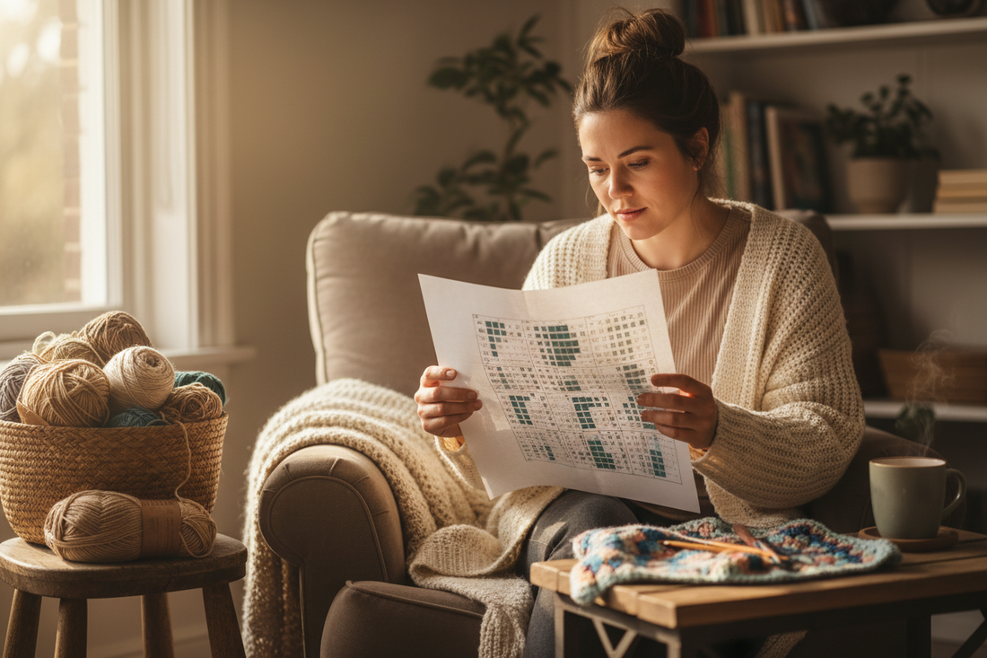 Women in a cosy environment reading a yarn chart 
