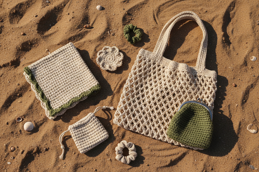 Summer crochet projects made with Egyptian cotton yarn including market bag and dishcloths in cream and olive tones