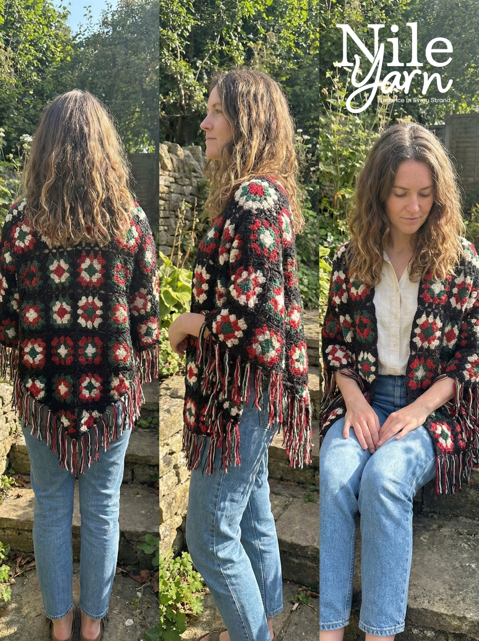 Woman wearing a patterned shawl outdoors with 'Nile Yarn' branding.