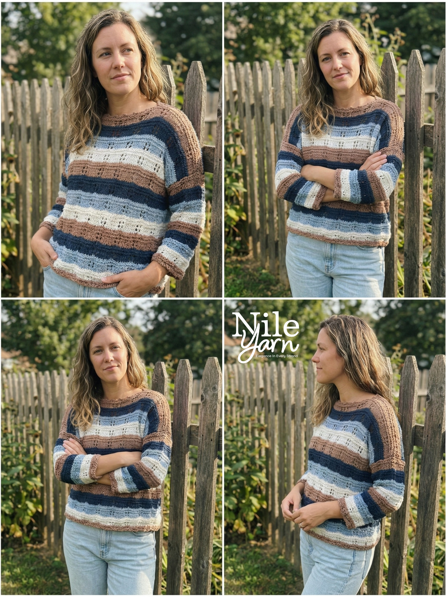 Woman wearing a striped sweater with a wooden fence and trees in the background, featuring the Nyle Yarn brand.