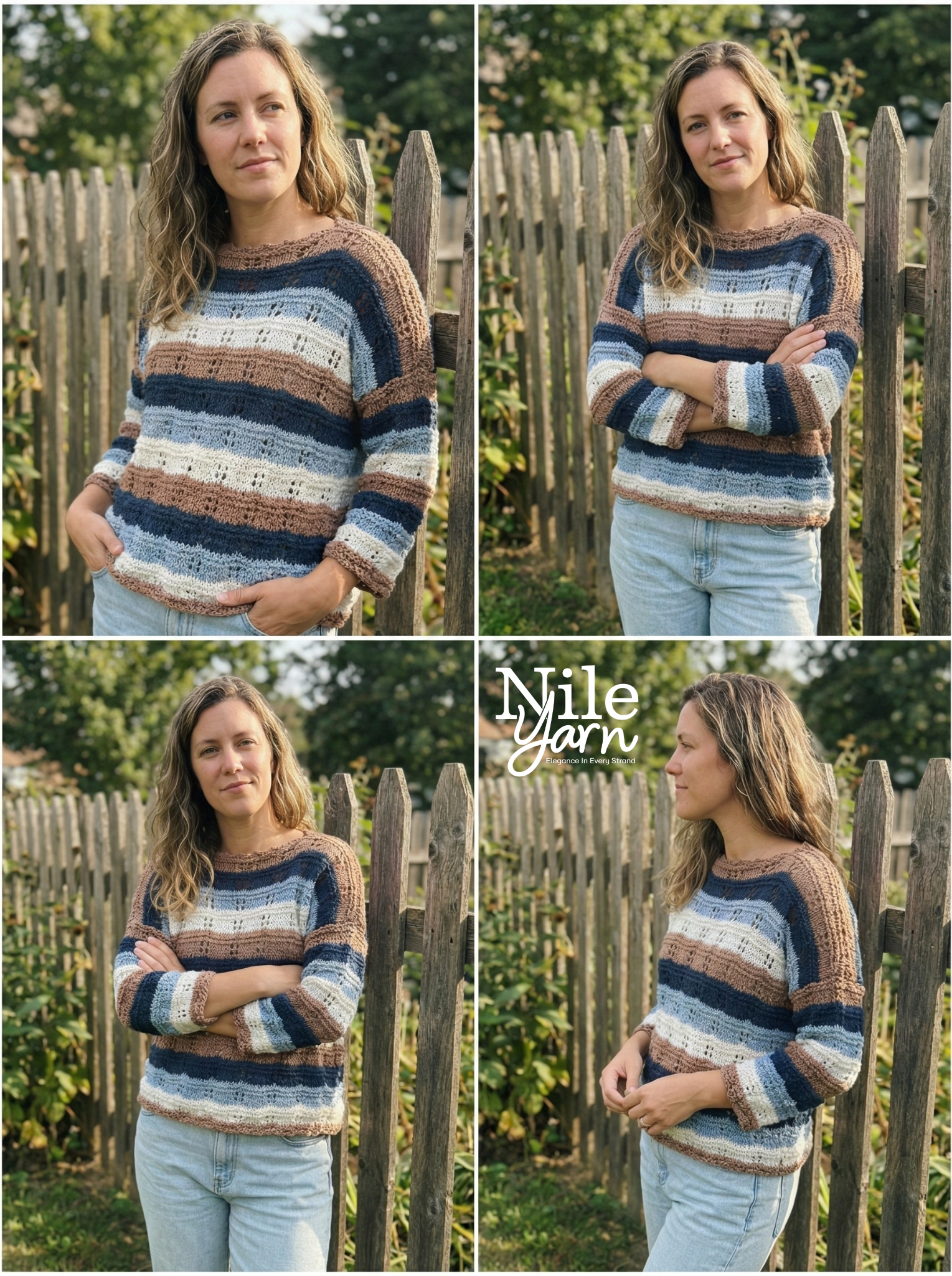 Woman wearing a striped sweater with a wooden fence and trees in the background, featuring the Nyle Yarn brand.