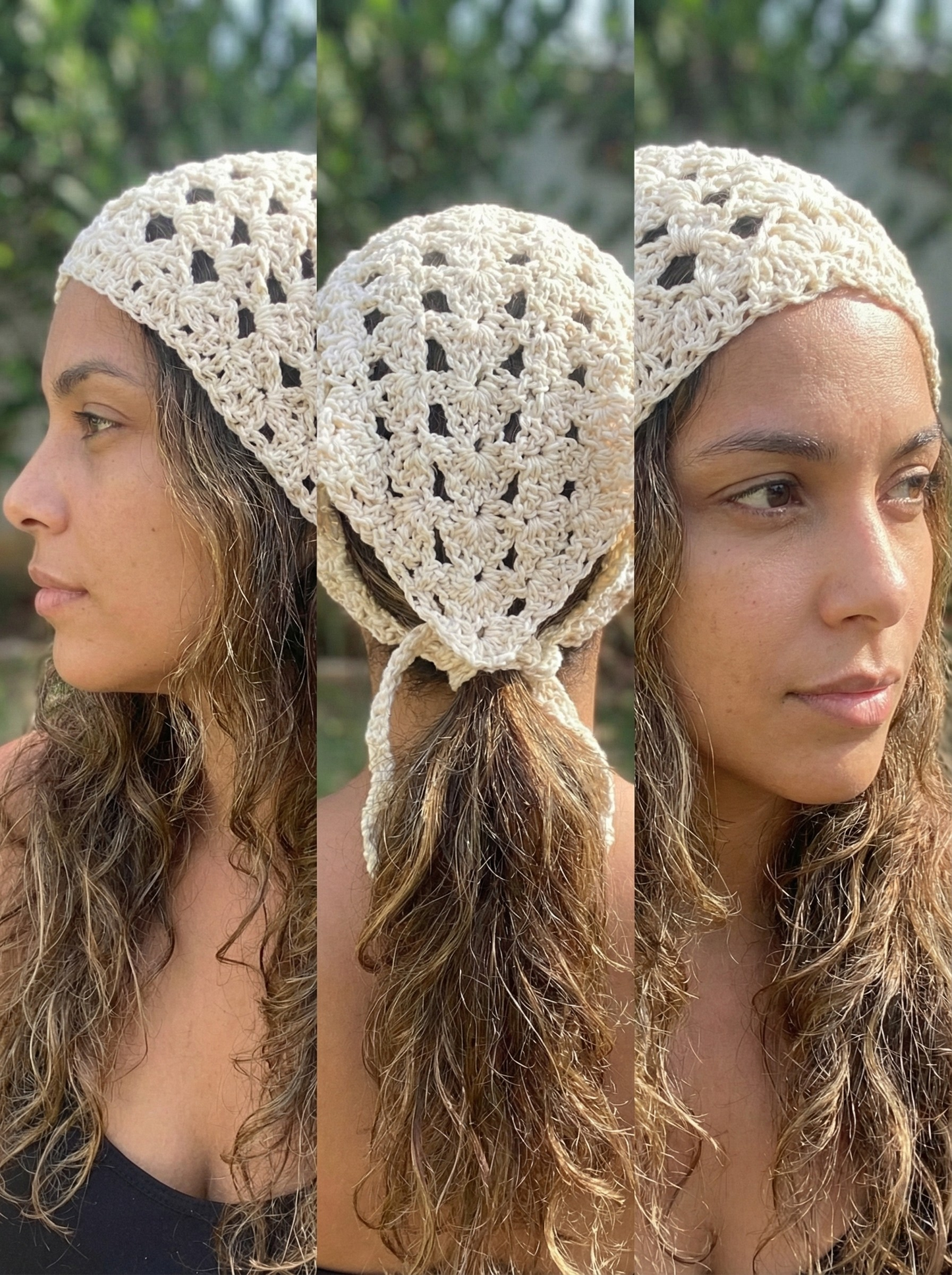 Three views of a woman wearing a beige crochet headscarf with a ponytail, made from egyptian cotton yarn 