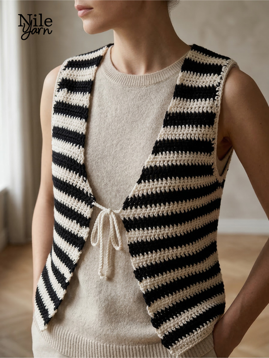 Front view of the Ebony & Ivory crocheted striped vest with tie-front detail. Made with Neith Luxury Egyptian cotton