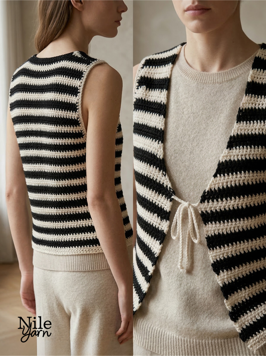 Two views of a black and white striped sleeveless top worn by a person, with 'Nile Yarn' branding. Luxury Egyptian Cotton 