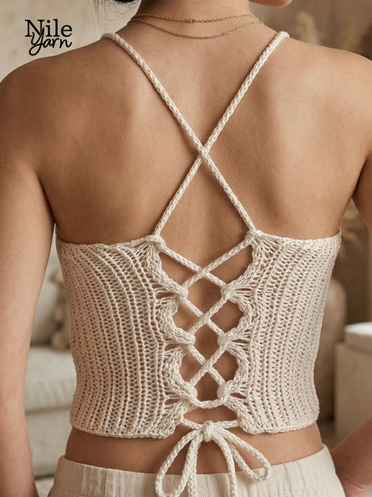 Back view of the Coastal Breeze Top showing the crisscross tie-up detail and decorative eyelets.